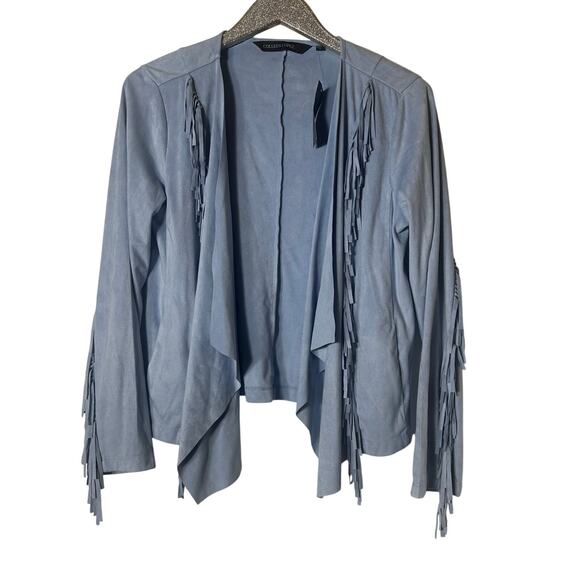 Colleen Lopez Faux Suede Fringe Jacket Light Blue - Picture 1 of 4
